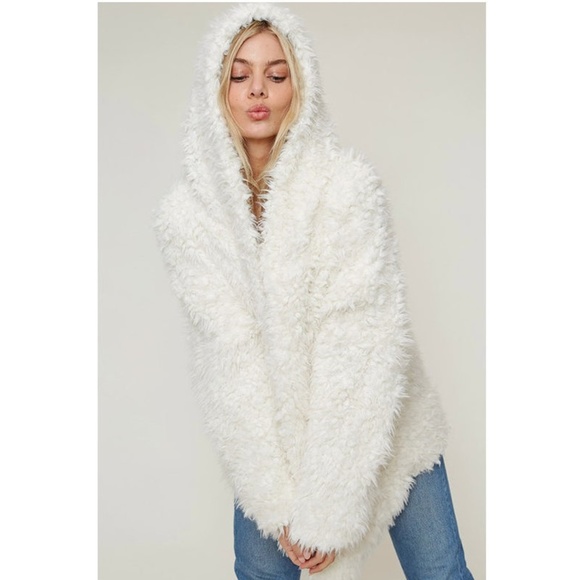 Ivory Faux Fur Sherpa Hoodie Jacket Cardigan Coat - Picture 2 of 7
